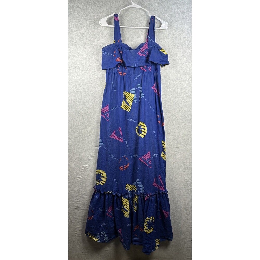Hilo Hattie Hawaiian Blue Print Maxi Tank Dress Size Medium Resort Beach Ruffle